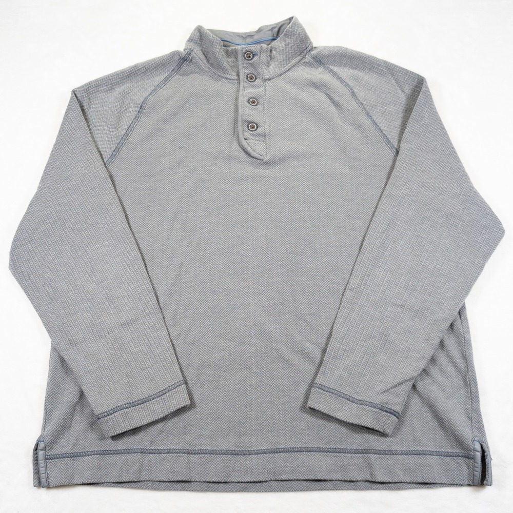 Tommy Bahama Henley Sweater Men XL Gray Herringbone Coastal Resortwear Granola